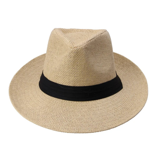Moda quente verão casual unisex praia trilby grande borda jazz chapéu de sol panamá chapéu de palha de papel feminino masculino boné com fita preta