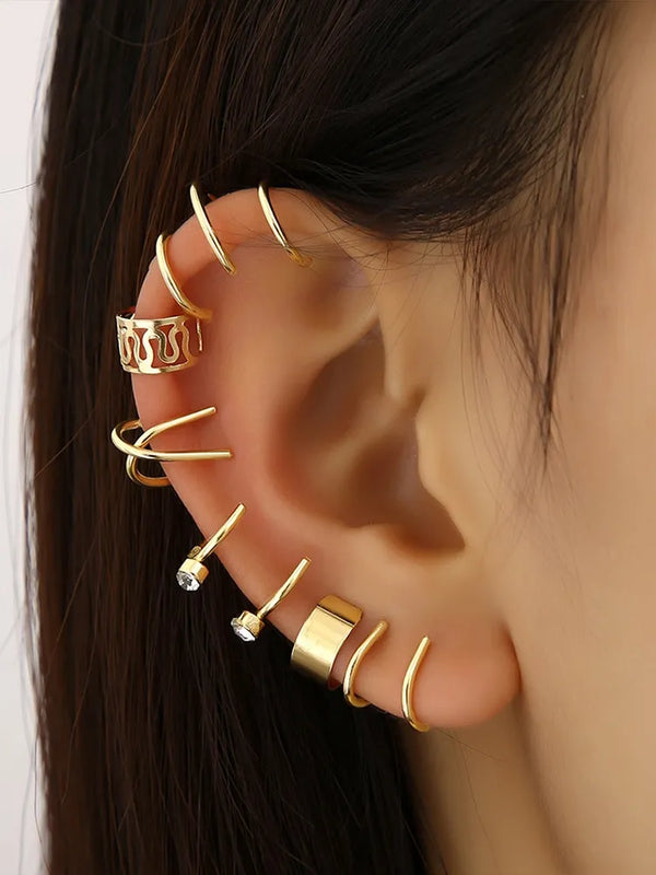 12 peças vintage ouro prata cor clipe de orelha brincos conjunto cristal não piercing orelha manguito oco feminino na moda jóias atacado
