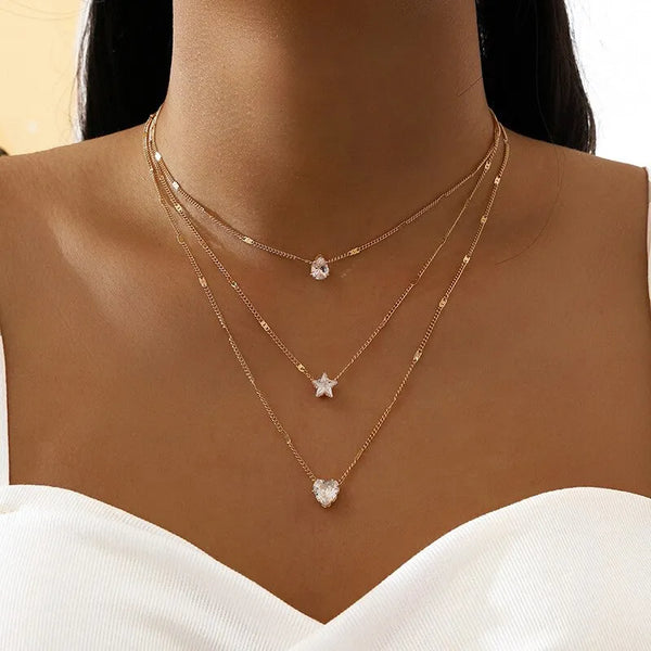 i3 pçs ouro-cor simples multicamadas pingente colar para meninas feminino estrela em forma de coração pingente colar jóias para aniversário g
