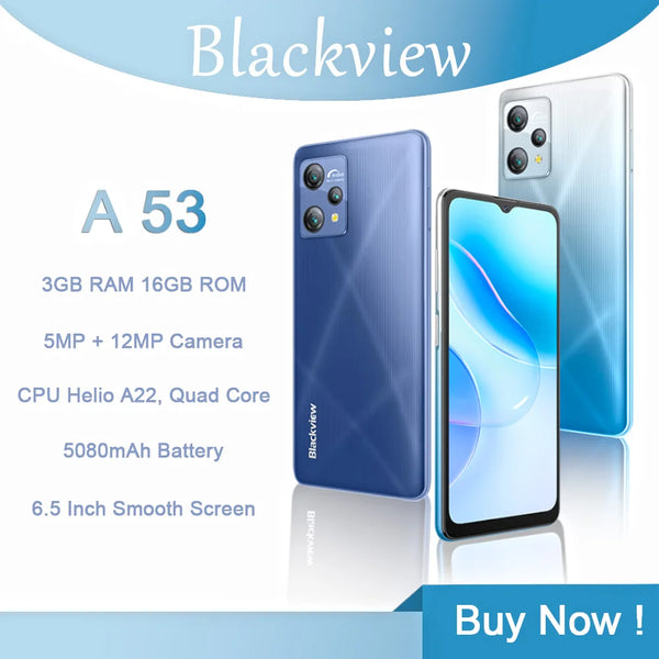 3GB + 16GB Blackview A53 Smartphone barato 6,5 polegadas 4G Dual Celular Quad Core Android 12 Celular 5080mAh 12MP Câmeras traseiras